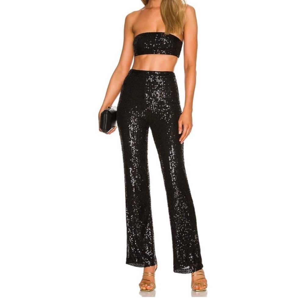 Camila Coelho Calvin Matching Set Strapless‎ Crop Top & Pants Sequin Black Small